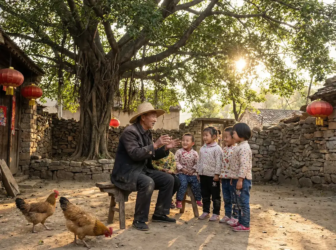 老人在大榕树下给孩子们讲故事 - 爱威奶在线 乡村记忆